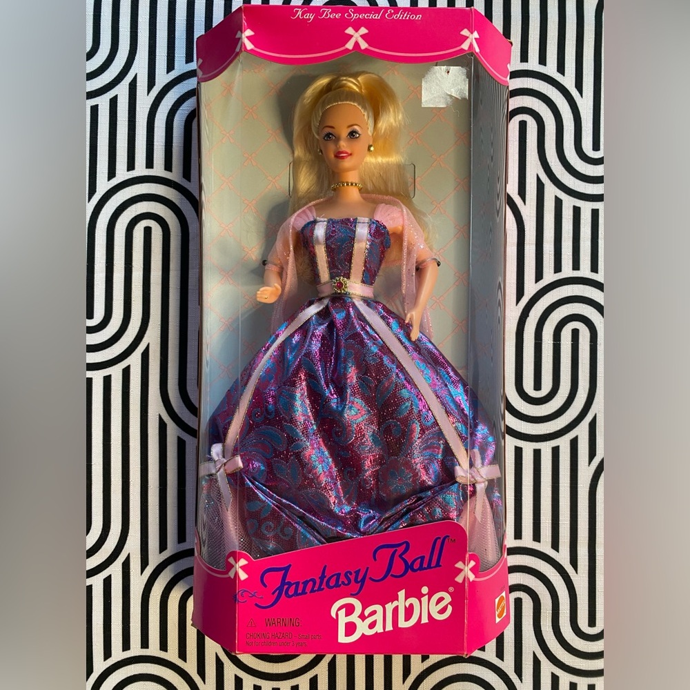 Barbie Fantasy Ball. Vintage NRFB Wearing a pink and Purple Gown